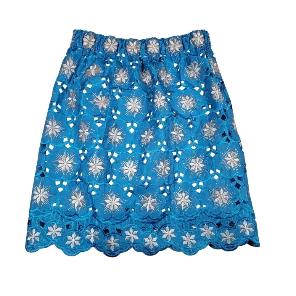 Yumi Kim Mini Skirt Blue‎ Embroidered Floral Lace Scallop Hem Lined Elastic READ